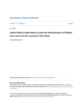 Indian Affairs in New Mexico Under the Administration of William Carr Lane from the Journal of John Ward