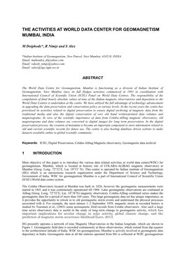The Activities at World Data Center for Geomagnetism Mumbai, India