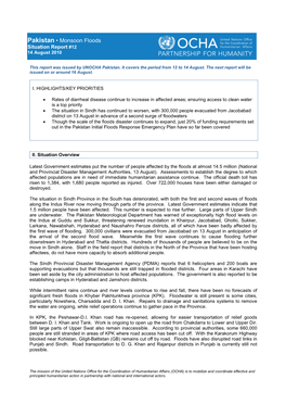 Pakistan • Monsoon Floods Situation Report #12 14 August 2010