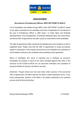 ANNOUNCEMENT Recruitment of Probationary Officers: IBPS CRP