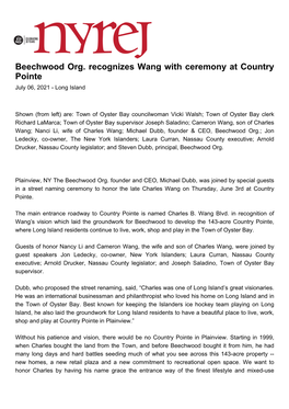 Beechwood Org. Recognizes Wang with Ceremony at Country Pointe July 06, 2021 - Long Island