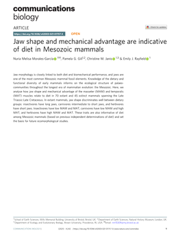 Jaw Shape and Mechanical Advantage Are Indicative of Diet in Mesozoic Mammals ✉ Nuria Melisa Morales-García 1 , Pamela G