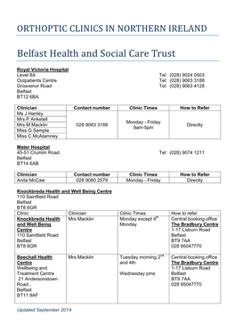 Contact Details for Orthoptic Clinics in NI Sept 2014