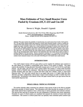 Mass Estimates of Very Small Reactor Cores Fueled by Uranium-235, U-233 and Cm-245