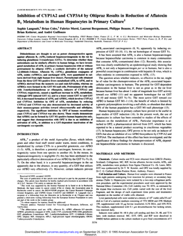 Inhibition of CYP1A2 and CYP3A4 by Oltipraz Results in Reduction of Aflatoxin B1 Metabolism in Human Hepatocytes in Primary Culture'