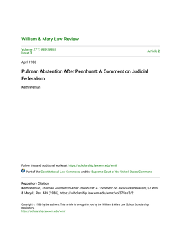 Pullman Abstention After Pennhurst: a Comment on Judicial Federalism