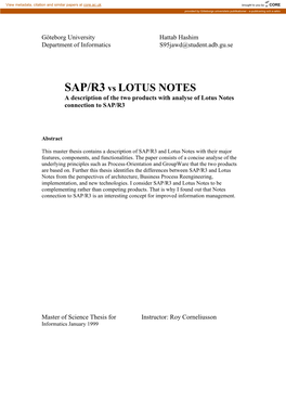 SAP/R3 Vs LOTUS NOTES a Description of the Two Products with Analyse of Lotus Notes Connection to SAP/R3
