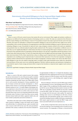 Determinants of Household Willingness to Pay for Improved Water Supply in Horo Woreda, Oromia National Regional State, Western Ethiopia