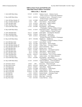 OHSAA State Track and Field Records Ohio High School Athletic Association OHSAA Div