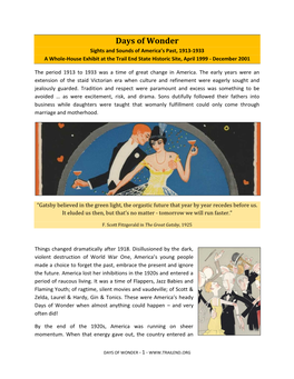 Days of Wonder Sights and Sounds of America’S Past, 1913-1933 a Whole-House Exhibit at the Trail End State Historic Site, April 1999 - December 2001