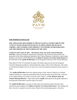 Apollo Del Belvedere Press Release