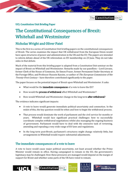 The Constitutional Consequences of Brexit: Whitehall and Westminster Nicholas Wright and Oliver Patel