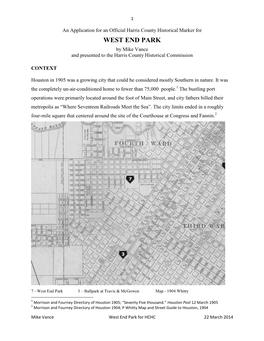 WEST END PARK by Mike Vance and Presented to the Harris County Historical Commission