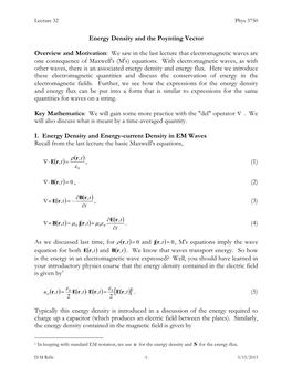Energy Density and the Poynting Vector Overview and Motivation