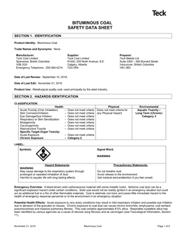 Bituminous Coal Safety Data Sheet