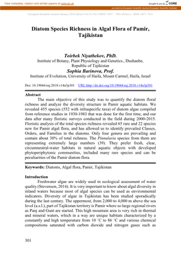 Diatom Species Richness in Algal Flora of Pamir, Tajikistan