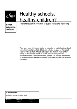 Healthy Schools, Healthy Children? the Contribution of Education to Pupils’ Health and Well-Being