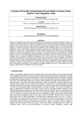 A Study of Fluoride Contaminated Ground Water in Uniara Tehsil, District -Tonk, Rajasthan, India