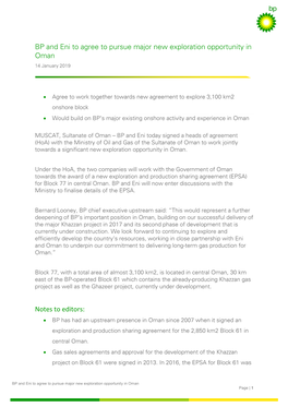 BP and Eni to Agree to Pursue Major New Exploration Opportunity in Oman 14 January 2019