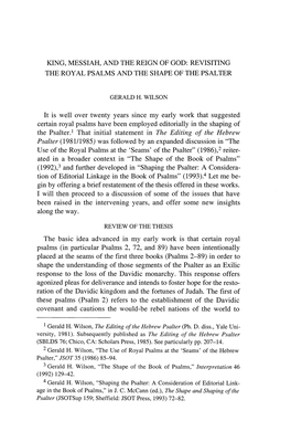 King, Messiah, and the Reign of God: Revisiting the Royal Psalms and the Shape of the Psalter