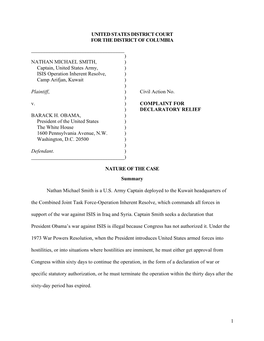 NATHAN MICHAEL SMITH, ) Captain, United States Army, ) ISIS Operation Inherent Resolve, ) Camp Arifjan, Kuwait ) ) Plaintiff, ) Civil Action No