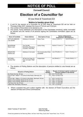 NOTICE of POLL Election of a Councillor