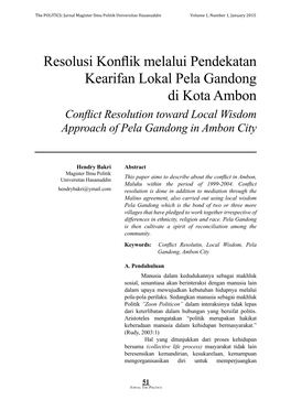 Resolusi Konflik Melalui Pendekatan Kearifan Lokal Pela Gandong Di Kota Ambon Conflict Resolution Toward Local Wisdom Approach of Pela Gandong in Ambon City