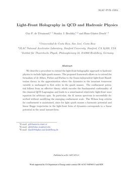 Light-Front Holography in QCD and Hadronic Physics