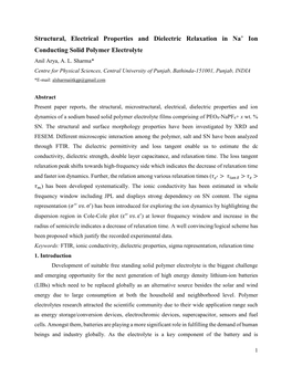 Structural, Electrical Properties and Dielectric Relaxation in Na+ Ion Conducting Solid Polymer Electrolyte Anil Arya, A