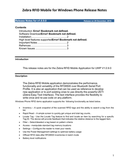 Zebra RFID Mobile for Windows Phone Release Notes