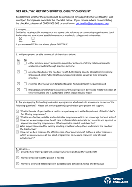 Get Healthy, Get Into Sport Eligibility Checklist