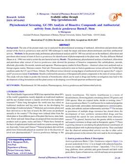 Phytochemical Screening, GC-MS Analysis of Bioactive Compounds and Antibacterial Activity from Justicia Gendarussa Burm.F