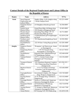 Contact Details of the Regional Employment and Labour Office in the Republic of Korea