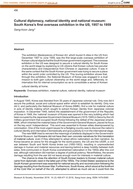 Cultural Diplomacy, National Identity and National Museum: South Korea’S First Overseas Exhibition in the US, 1957 to 1959 Sang-Hoon Jang*