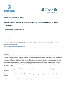 Health Sector Reform in Thailand: Policy Implementation in Three Provinces