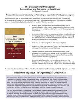 The Organizational Ombudsman Origins, Roles and Operations – a Legal Guide by Charles L