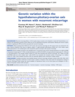 Genetic Variation Within the Hypothalamus-Pituitary-Ovarian Axis in Women with Recurrent Miscarriage