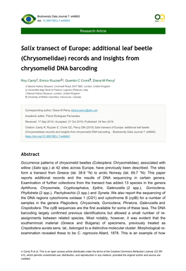 Additional Leaf Beetle (Chrysomelidae) Records and Insights from Chrysomelid DNA Barcoding