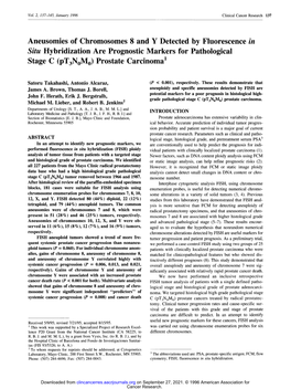 Aneusomies of Chromosomes 8 and Y Detected by Fluorescence in Situ Hybridization Are Prognostic Markers for Pathological Stage C (Pt3nom O) Prostate Carcinoma I