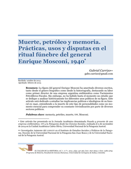 Muerte, Petróleo Y Memoria. Prácticas, Usos Y Disputas En El Ritual Fúnebre Del General Enrique Mosconi, 1940