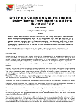 Safe Schools: Challenges to Moral Panic and Risk Society Theories: the Politics of National School Educational Policy
