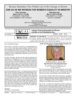 MARCH - JUNE 2012 MISSION STATEMENT - As Women and Men Rooted in Faith, We Call WWRITES for Justice, Equality, and Full Partnership in Ministry