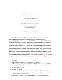 Members of the Public Are Invited to Address the Board on Any Subject Related to the Activities of Alameda Municipal Power Not Otherwise Appearing on the Agenda