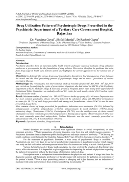 Drug Utilization Pattern of Psychotropic Drugs Prescribed in the Psychiatric Department of a Tertiary Care Government Hospital, Rajasthan