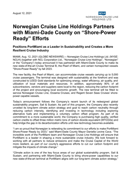 Norwegian Cruise Line Holdings Partners with Miami-Dade County on “Shore-Power Ready” Efforts