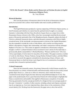 “Til We Mix Wounds”: Divine Bodies and the Homoerotics of Christian Devotion in English Renaissance Religious Poetry By: Tony Dinardo