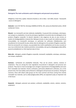 Detergents the Main Surfactants Used in Detergents and Personal Care Products