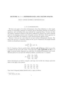 Lecture 11: 3 × 3 Determinants and Vector Spaces