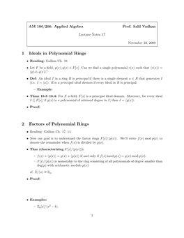 1 Ideals in Polynomial Rings 2 Factors of Polynomial Rings