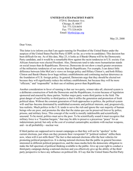 UNITED STATES PACIFIST PARTY 5729 S. Dorchester Ave. Chicago, IL 60637 Tel: 773.324.0654 Fax: 773.324.6426 Email: Blyttle@Igc.Org